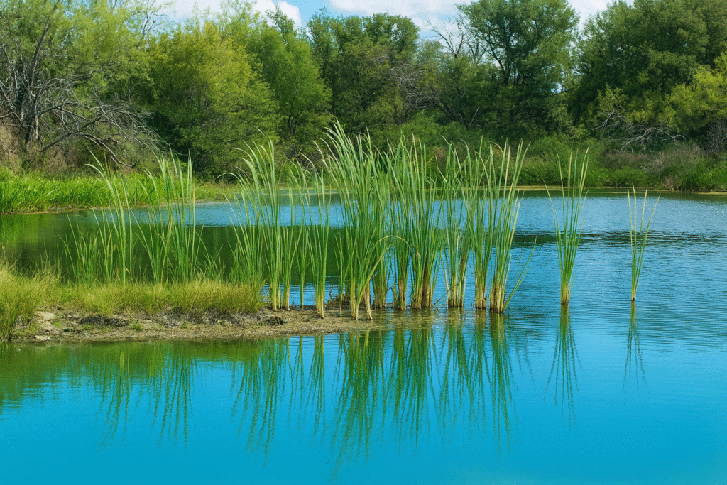 Cattail Pond on the Ranch with clusters of cattails growing along the water’s edge.